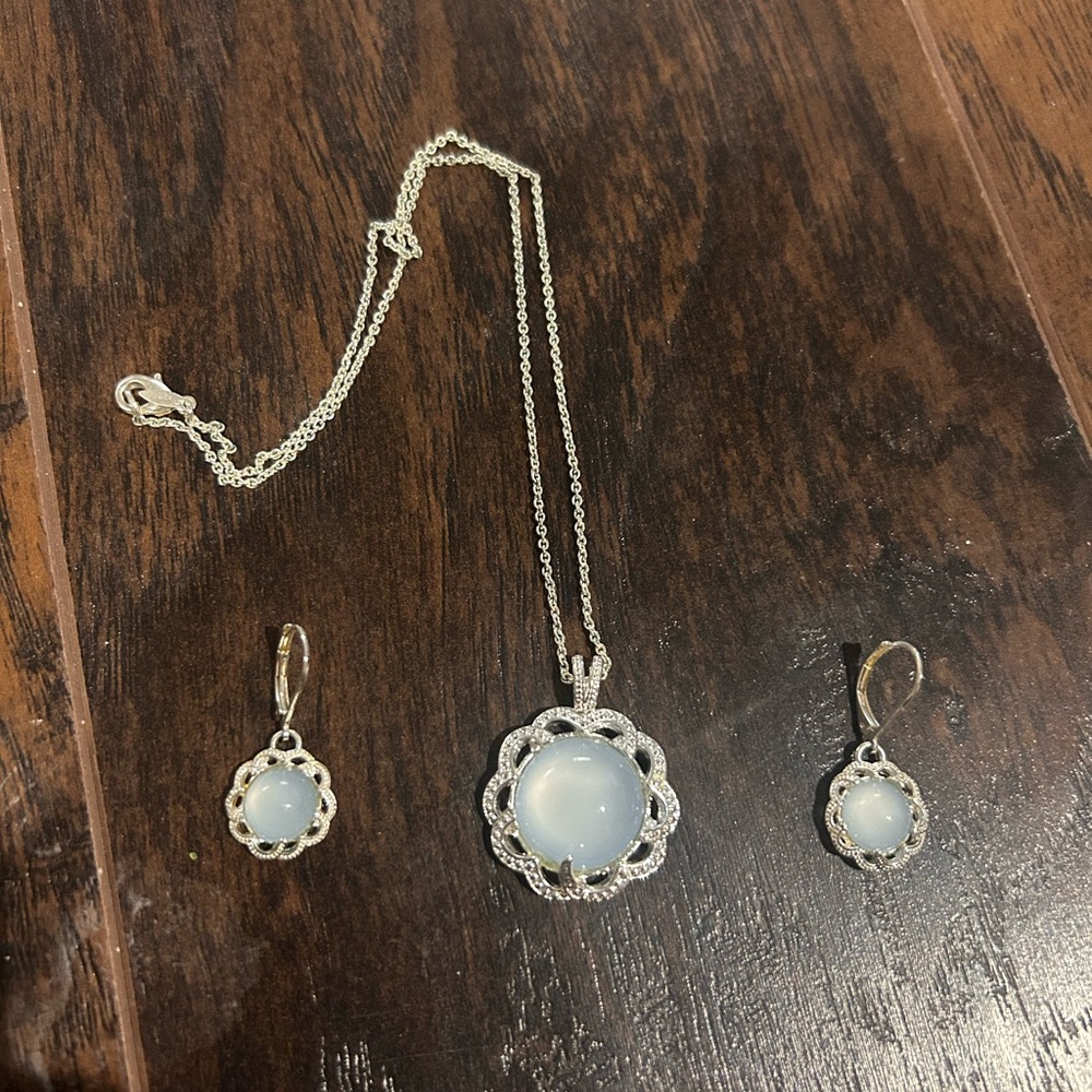 Silver White Opal Pendant Necklace and Earrings Set